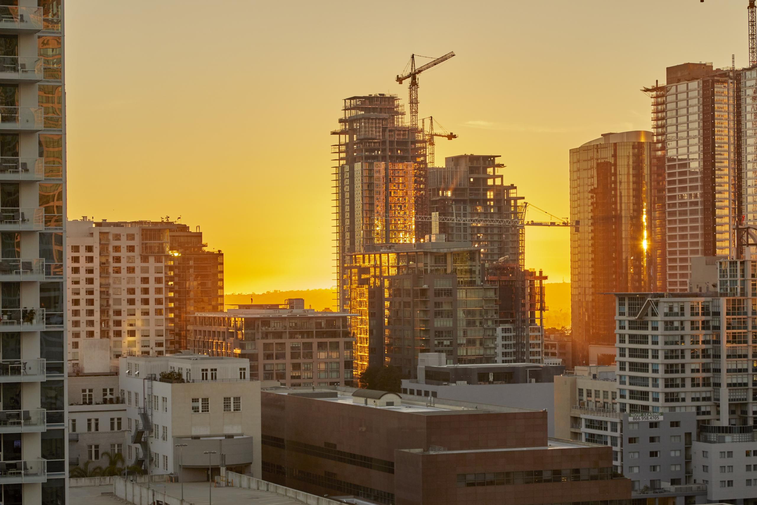 Sunset Over Los Angeles California Showing Construction Of Skyscrapers